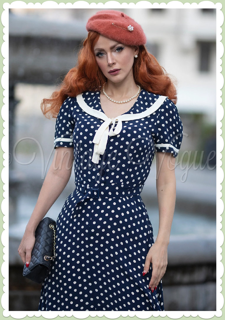 Seamstress of Bloomsbury 40er Jahre Vintage Punkte Kleid - Patti Dress - Dunkelblau